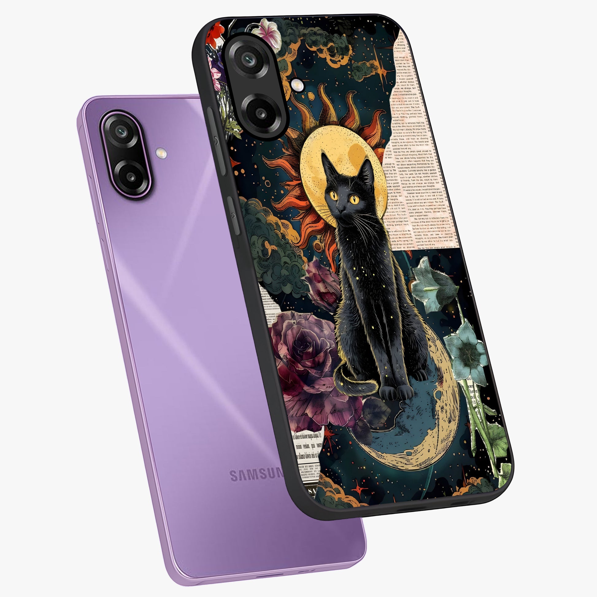 Celestial Black Cat Glass Case displayed in angled mockup highlighting cosmic black cat design with celestial aesthetic.