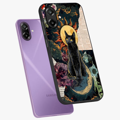 Celestial Black Cat Glass Case displayed in angled mockup highlighting cosmic black cat design with celestial aesthetic.