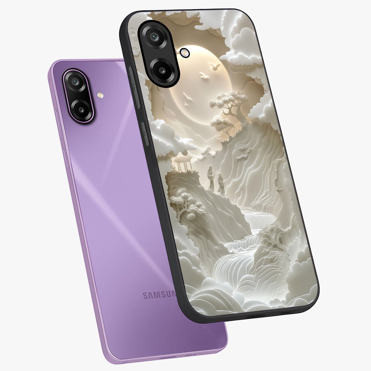 Celestial Origami Glass Case displayed in angled mockup highlighting geometric origami design with cosmic aesthetic theme.