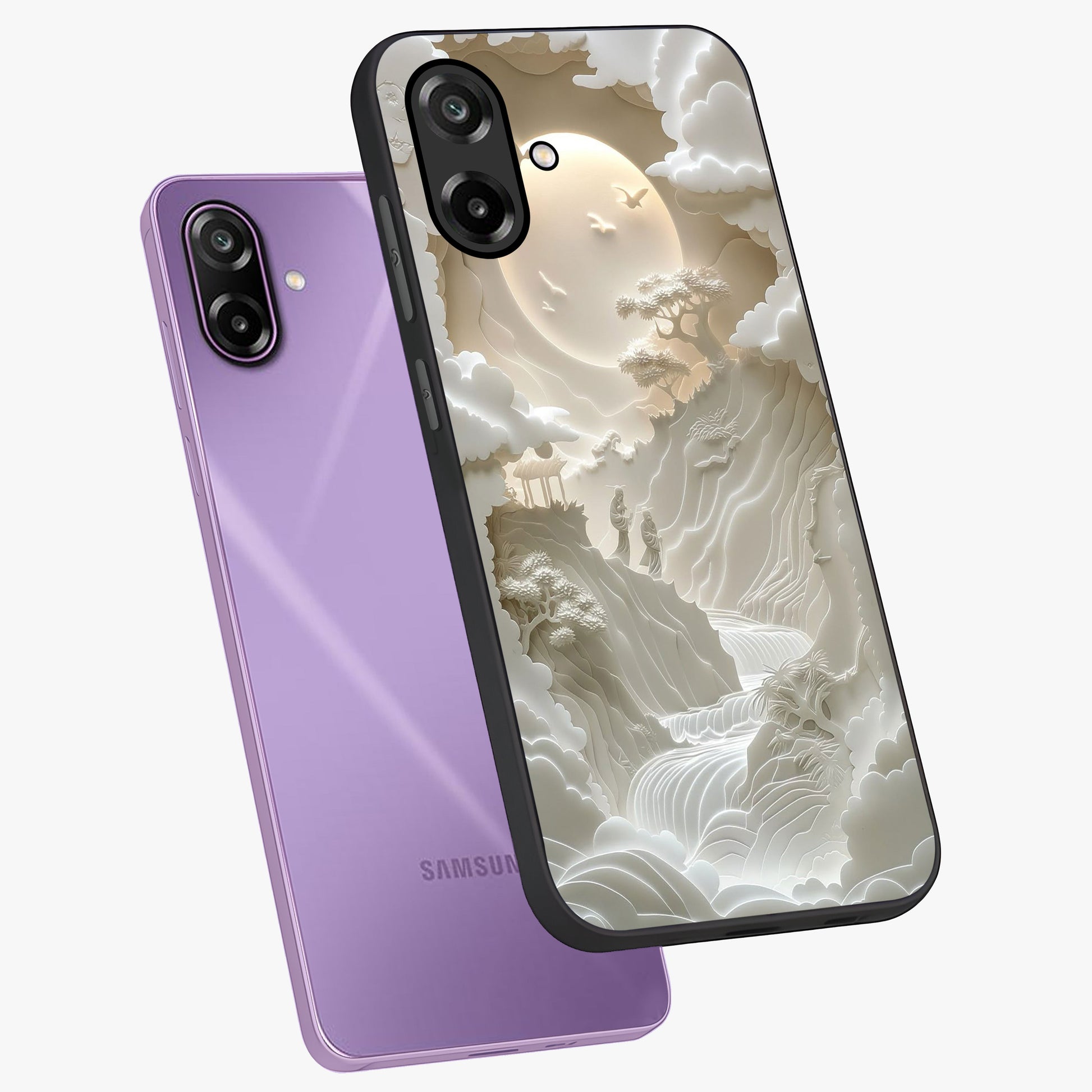 Celestial Origami Glass Case displayed in angled mockup highlighting geometric origami design with cosmic aesthetic theme.