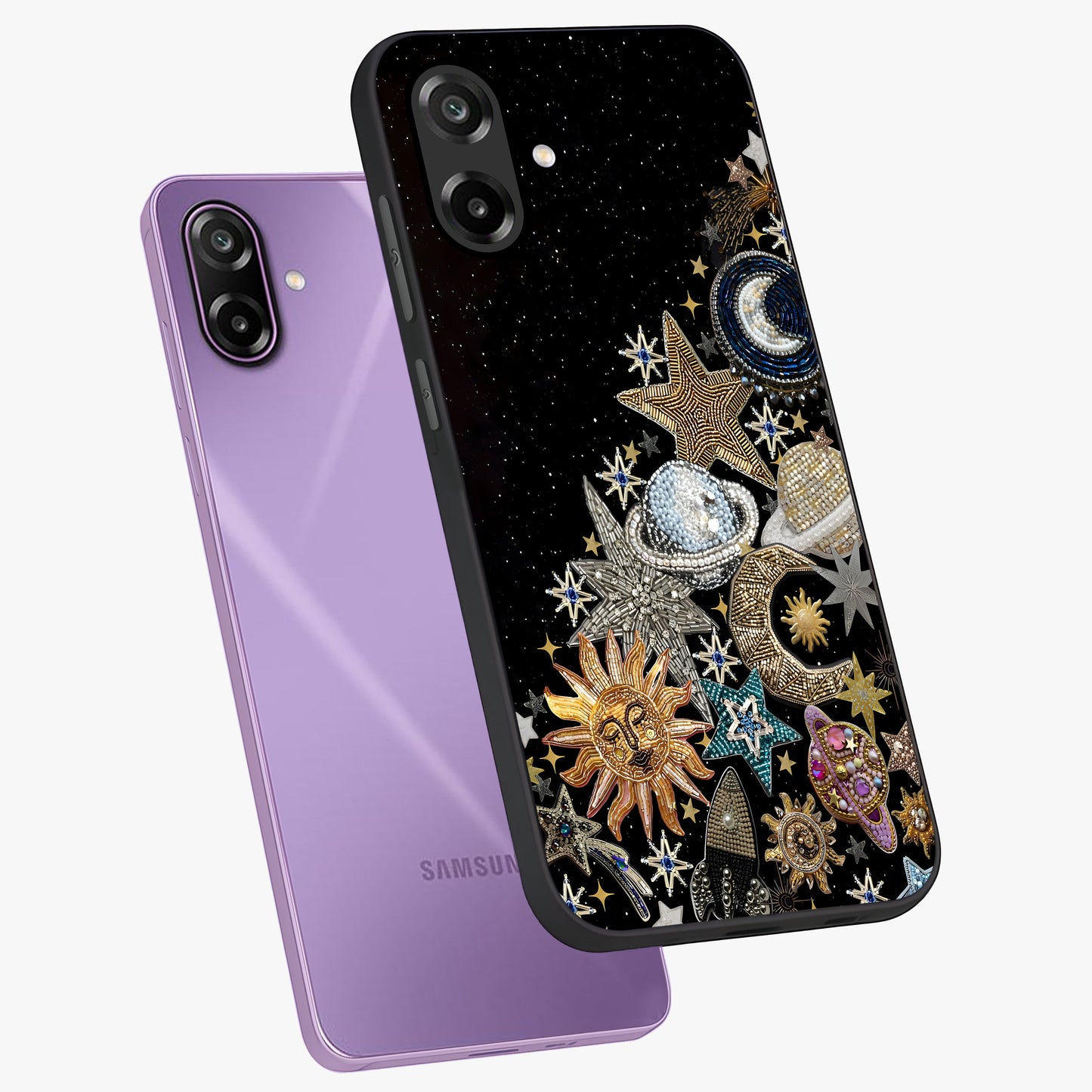 Cosmic Sparkle Dreams Glass Case displayed in angled mockup highlighting dreamy star sparkle design with celestial aesthetic.