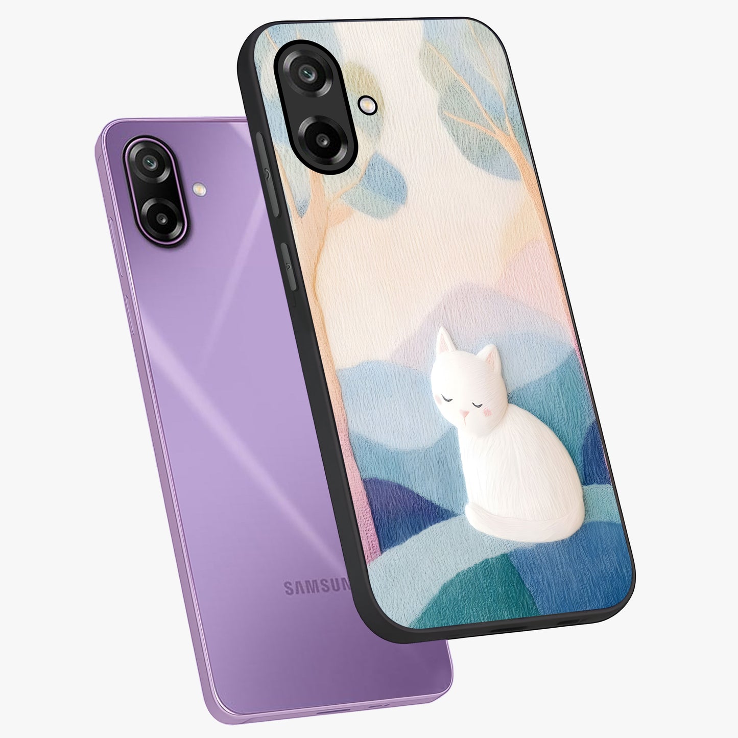 Cotton Dream Cat Glass Case displayed in angled mockup highlighting cute feline illustration with pastel aesthetic style.