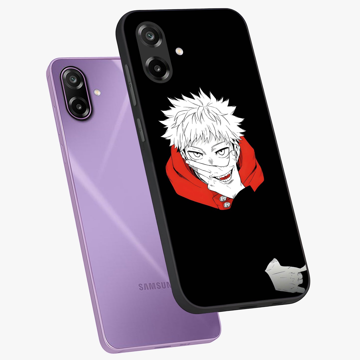 Crimson Chaos Smile Glass Case displayed in angled mockup highlighting edgy crimson smile design with graphic aesthetic.