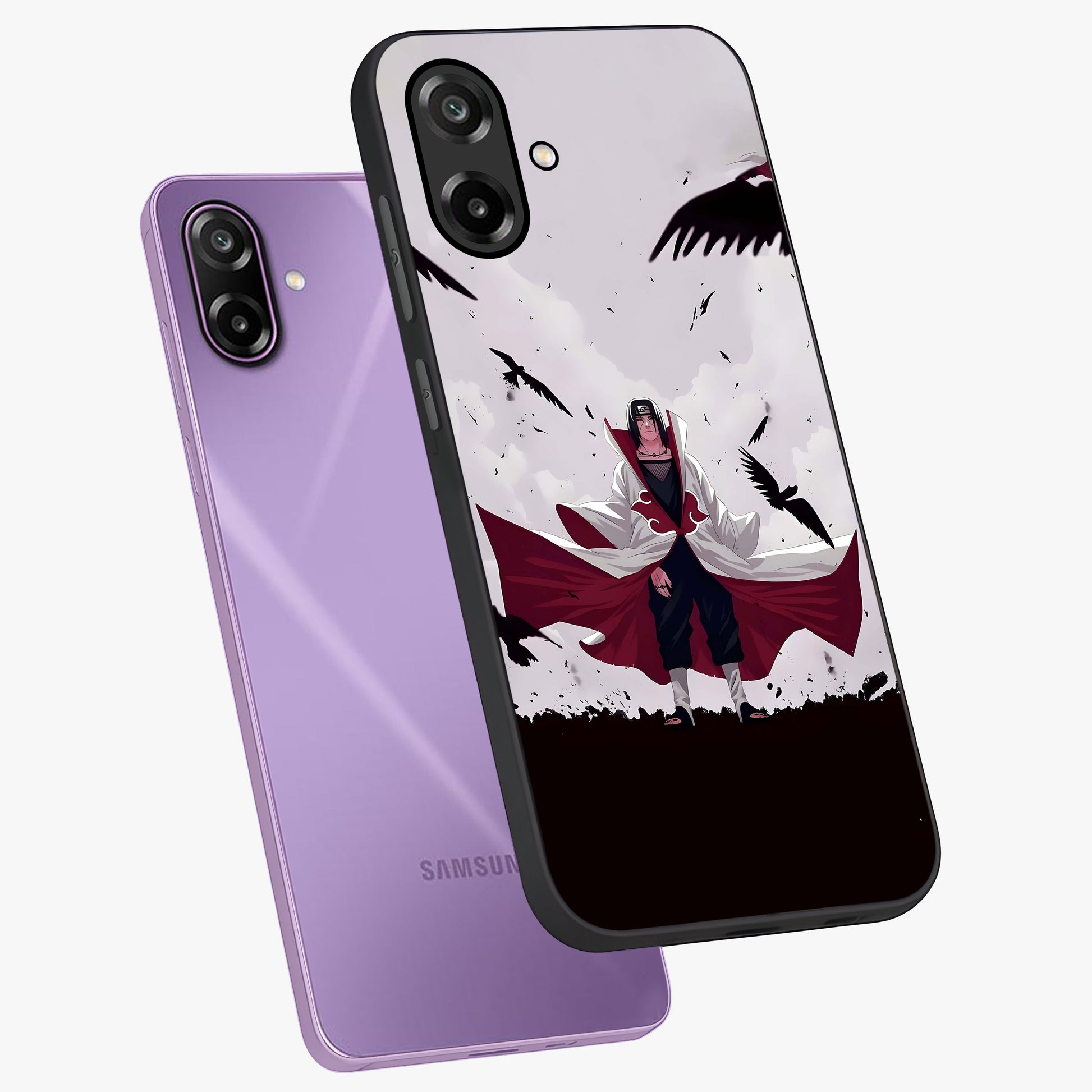 Crimson Crow Ascension Glass Case displayed in angled mockup highlighting powerful crow illustration with dark crimson aesthetic.