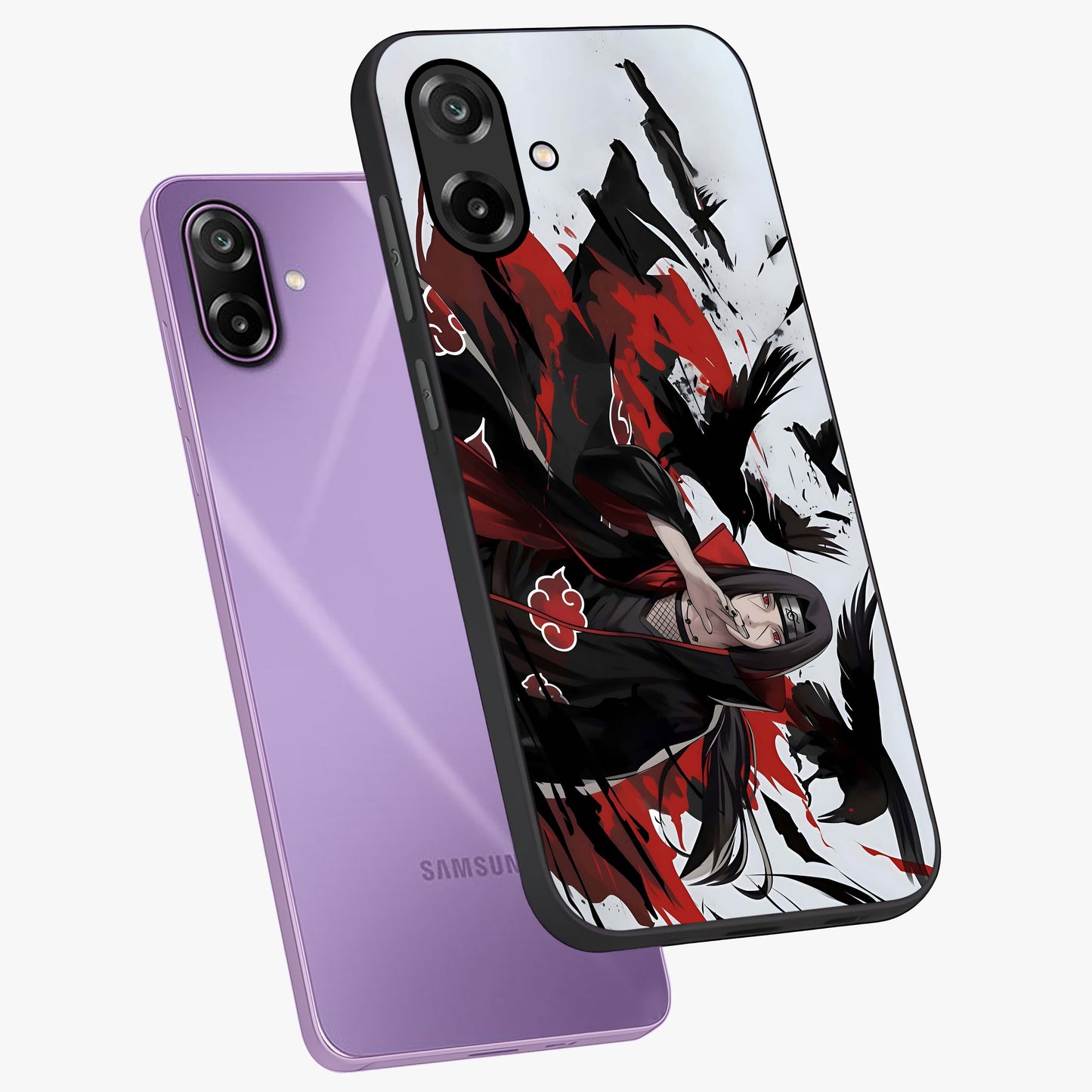 Crimson Crow Illusion Glass Case displayed in angled mockup highlighting mysterious crow graphic with dark aesthetic style.