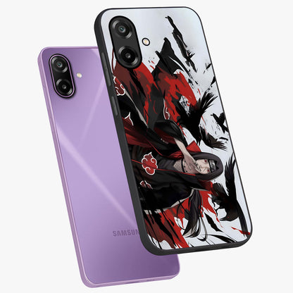 Crimson Crow Illusion Glass Case displayed in angled mockup highlighting mysterious crow graphic with dark aesthetic style.