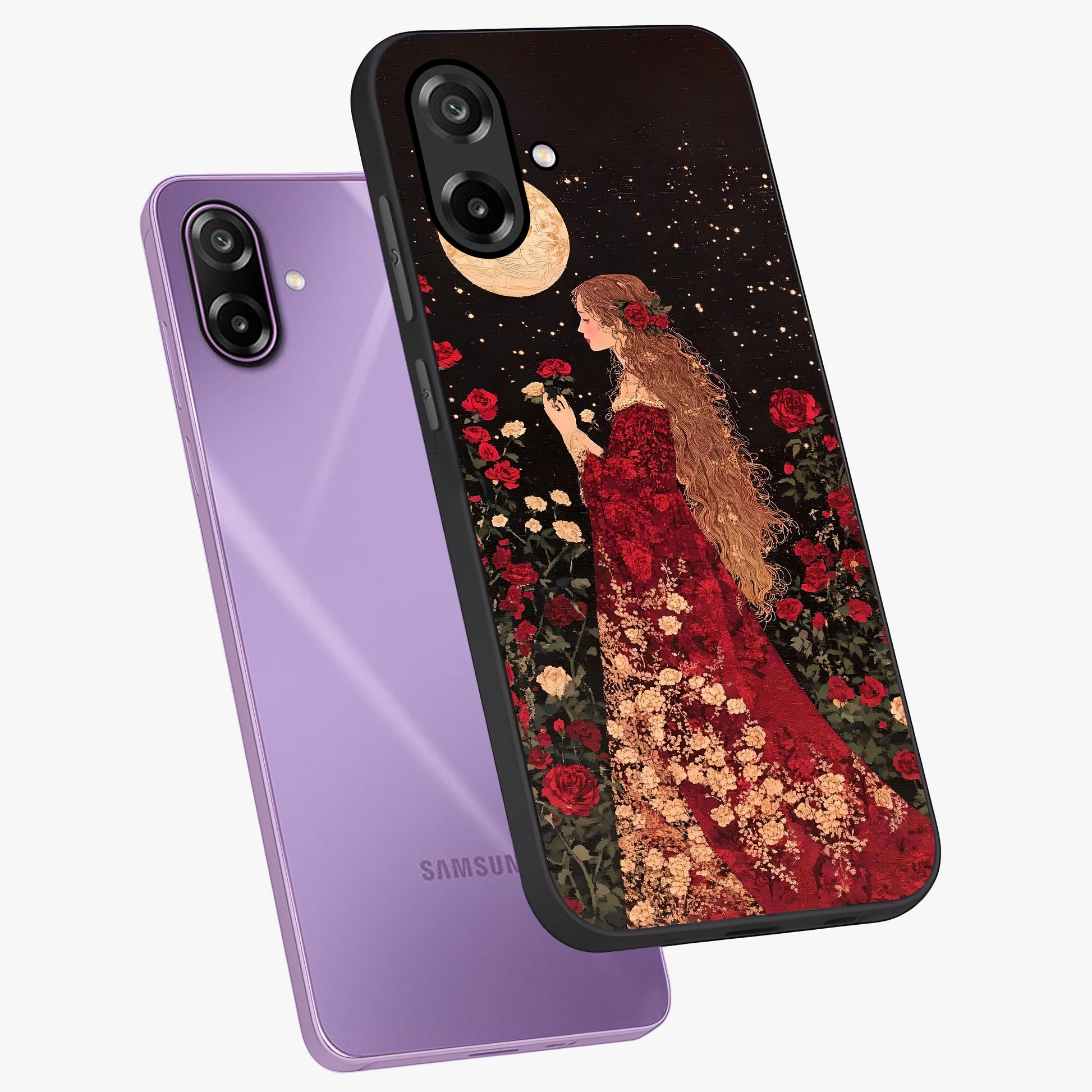 Crimson Dreams Glass Case displayed in angled mockup highlighting soft crimson aesthetic design with artistic theme.