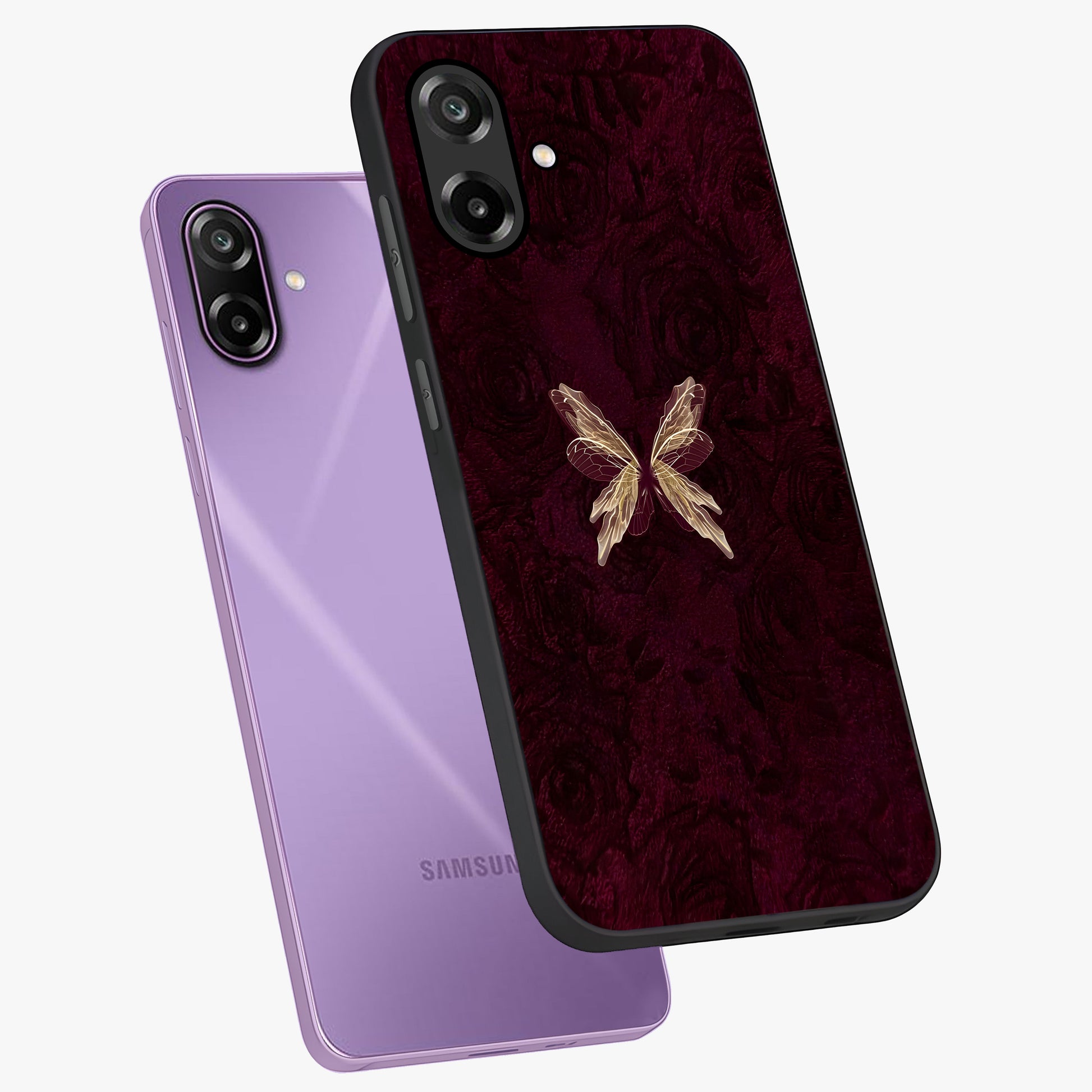 Crimson Fade Butterfly Glass Case displayed in angled mockup highlighting elegant butterfly design with crimson gradient aesthetic.