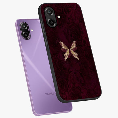 Crimson Fade Butterfly Glass Case displayed in angled mockup highlighting elegant butterfly design with crimson gradient aesthetic.
