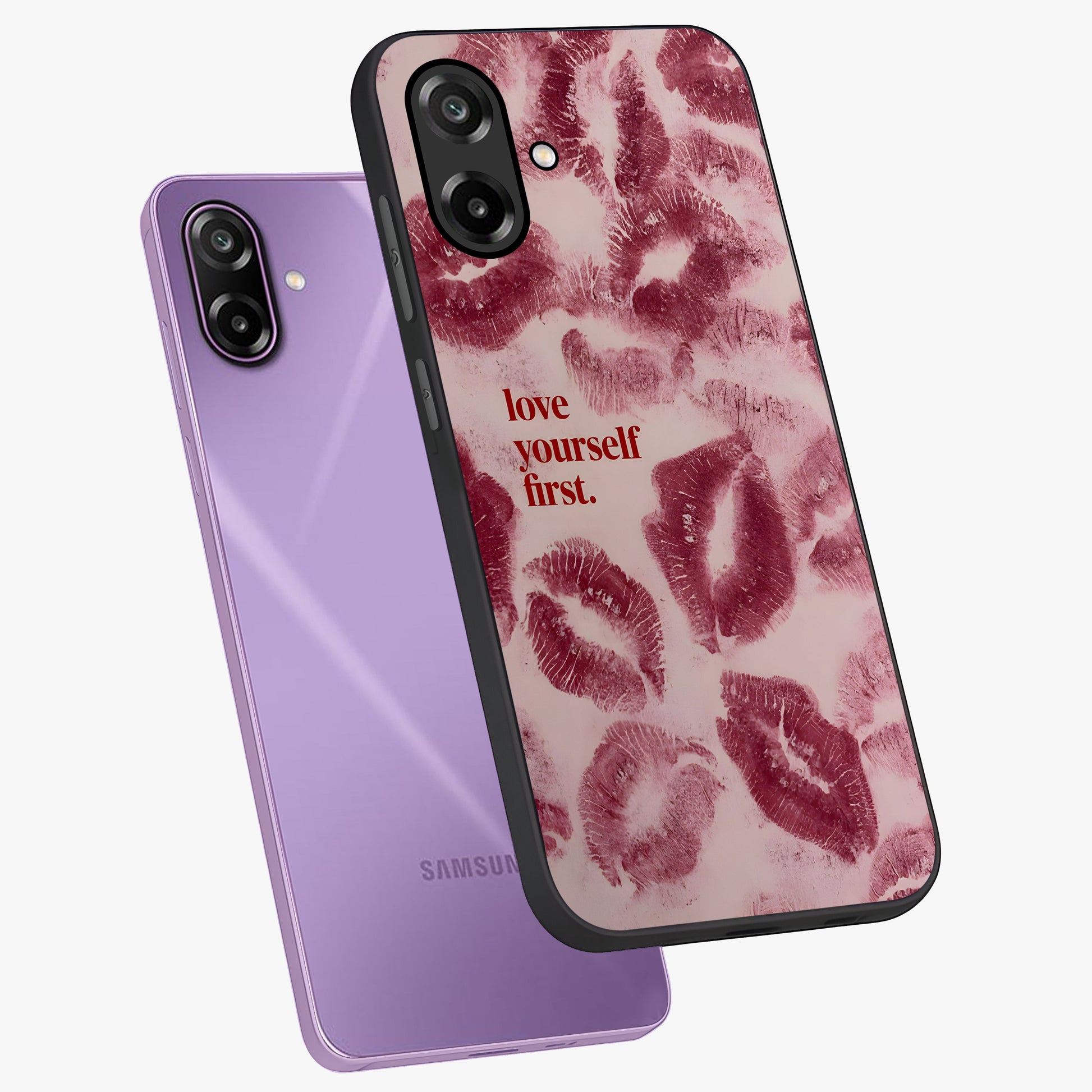 Crimson Kiss Love Glass Case displayed in angled mockup highlighting bold love inspired design with modern aesthetic style.