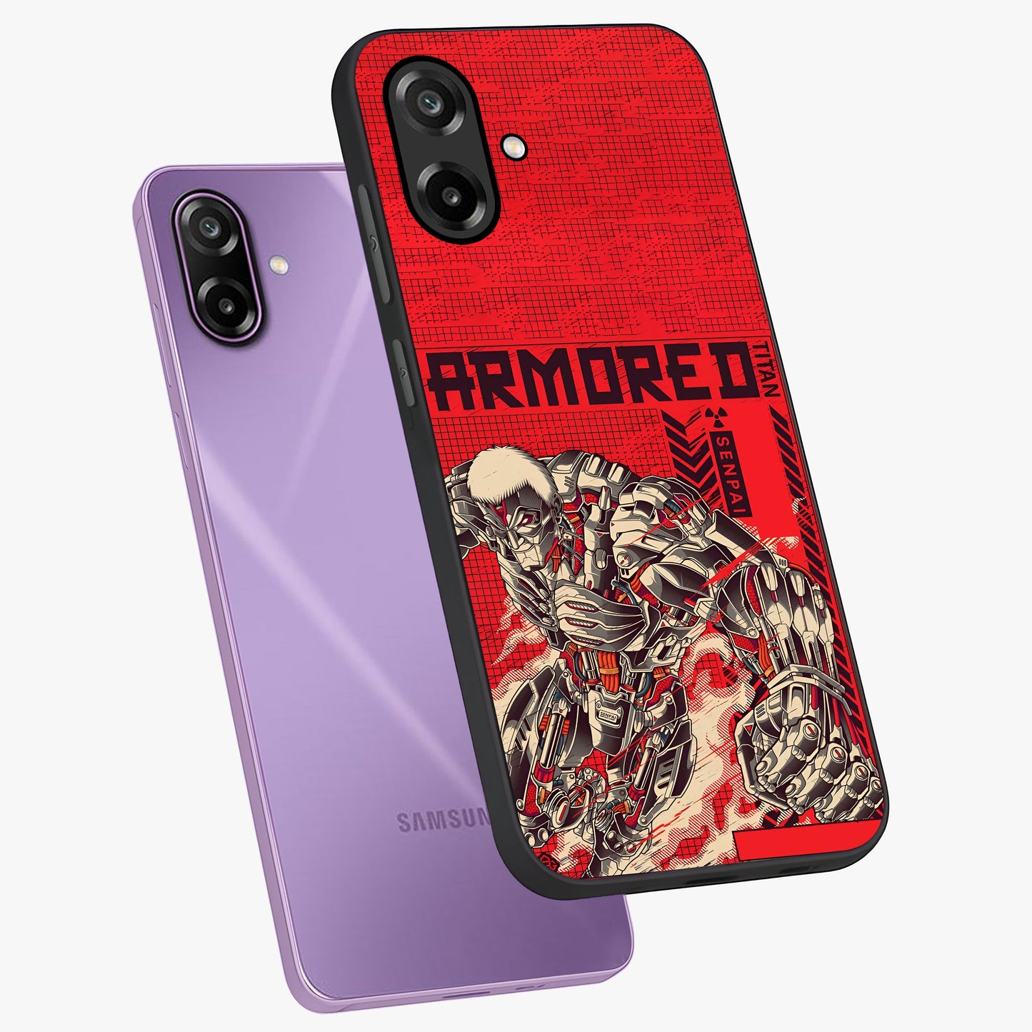 Crimson Mecha Titan Glass Case displayed in angled mockup highlighting futuristic mech illustration with bold crimson aesthetic.