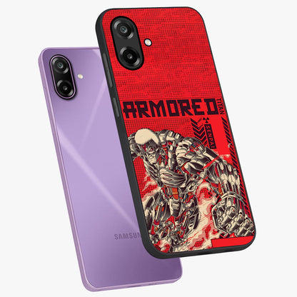 Crimson Mecha Titan Glass Case displayed in angled mockup highlighting futuristic mech illustration with bold crimson aesthetic.
