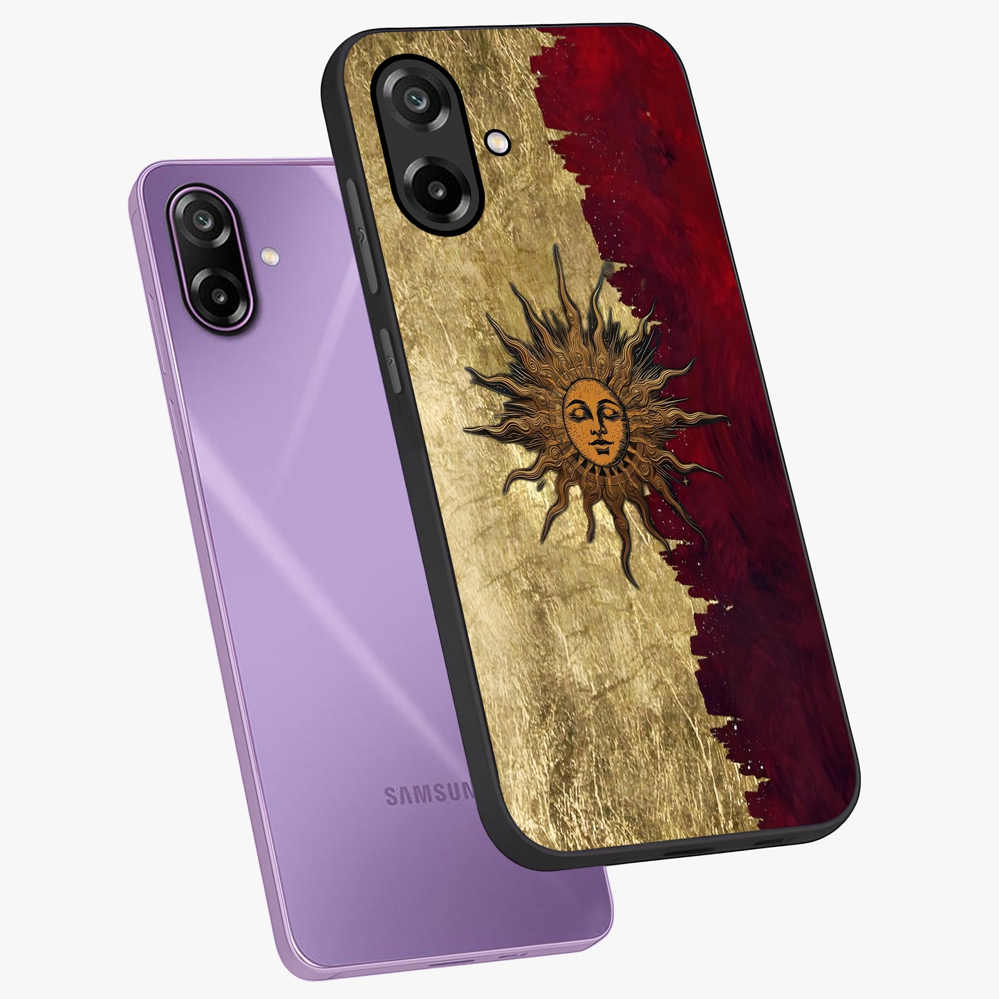Crimson Sun Majesty Glass Case displayed in angled mockup highlighting majestic crimson sun design with bold aesthetic style.