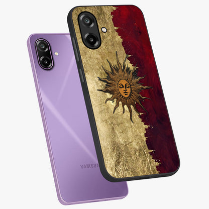 Crimson Sun Majesty Glass Case displayed in angled mockup highlighting majestic crimson sun design with bold aesthetic style.