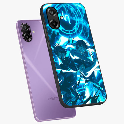Cursed Energy Clash Glass Case displayed in angled mockup highlighting powerful battle inspired graphic with anime style aesthetic.