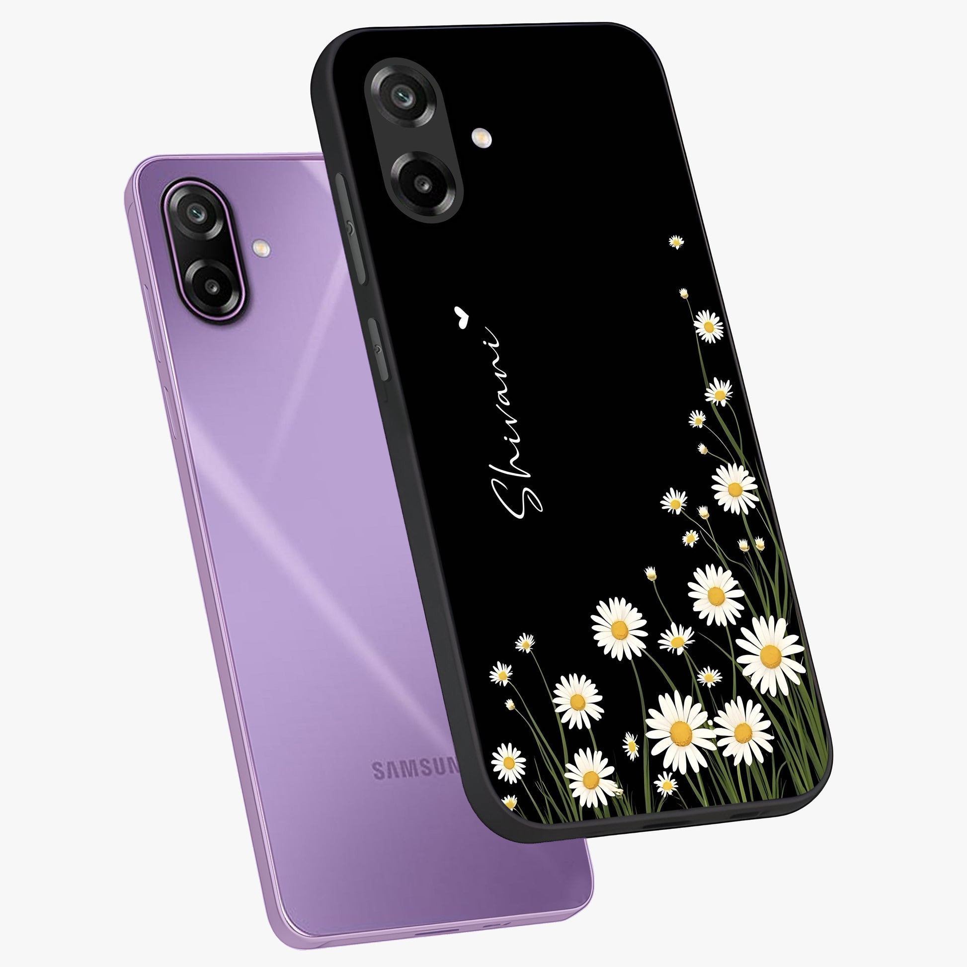 Daisy Cascade Custom Name Glass Case displayed in angled mockup highlighting delicate daisy artwork with custom name feature.