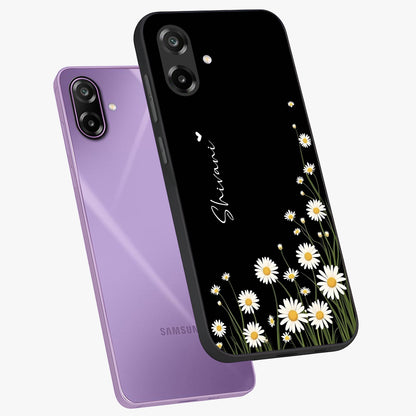 Daisy Cascade Custom Name Glass Case displayed in angled mockup highlighting delicate daisy artwork with custom name feature.