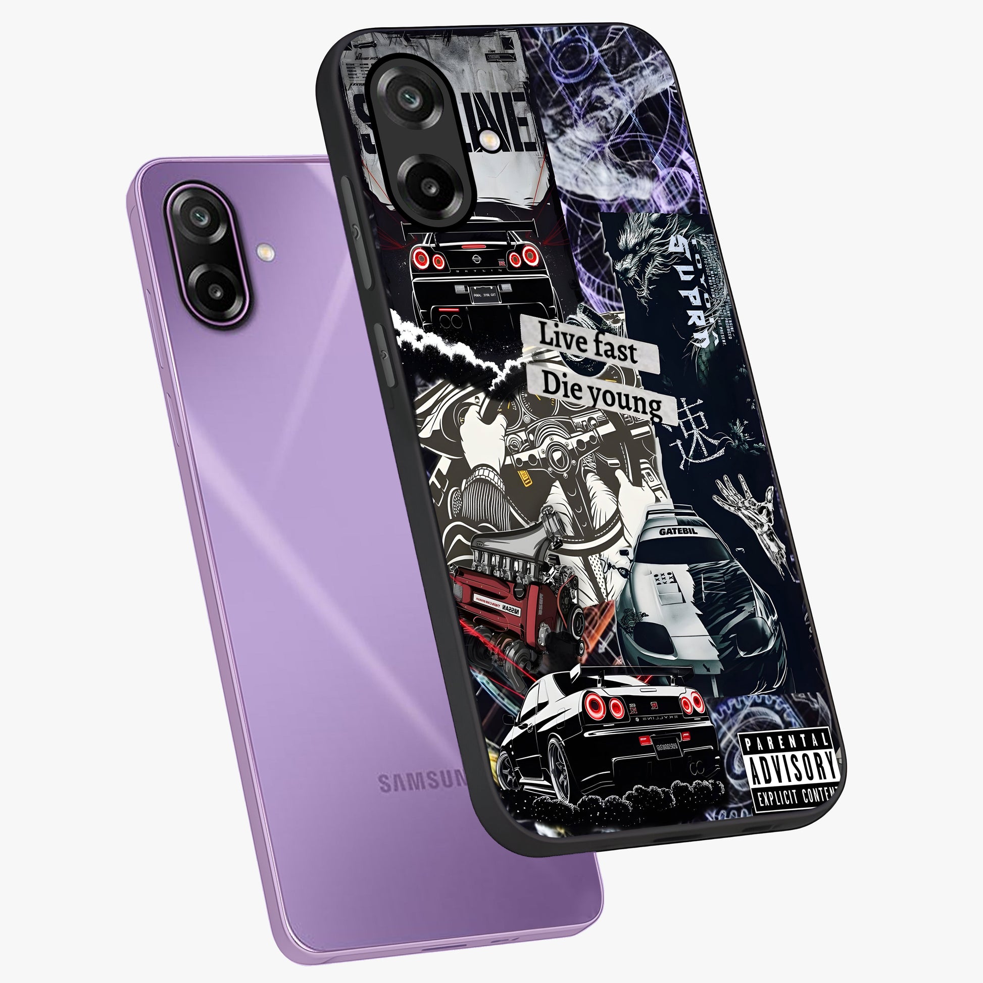 Die Young Glass Case displayed in angled mockup highlighting expressive graphic artwork with edgy aesthetic style.