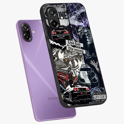 Die Young Glass Case displayed in angled mockup highlighting expressive graphic artwork with edgy aesthetic style.