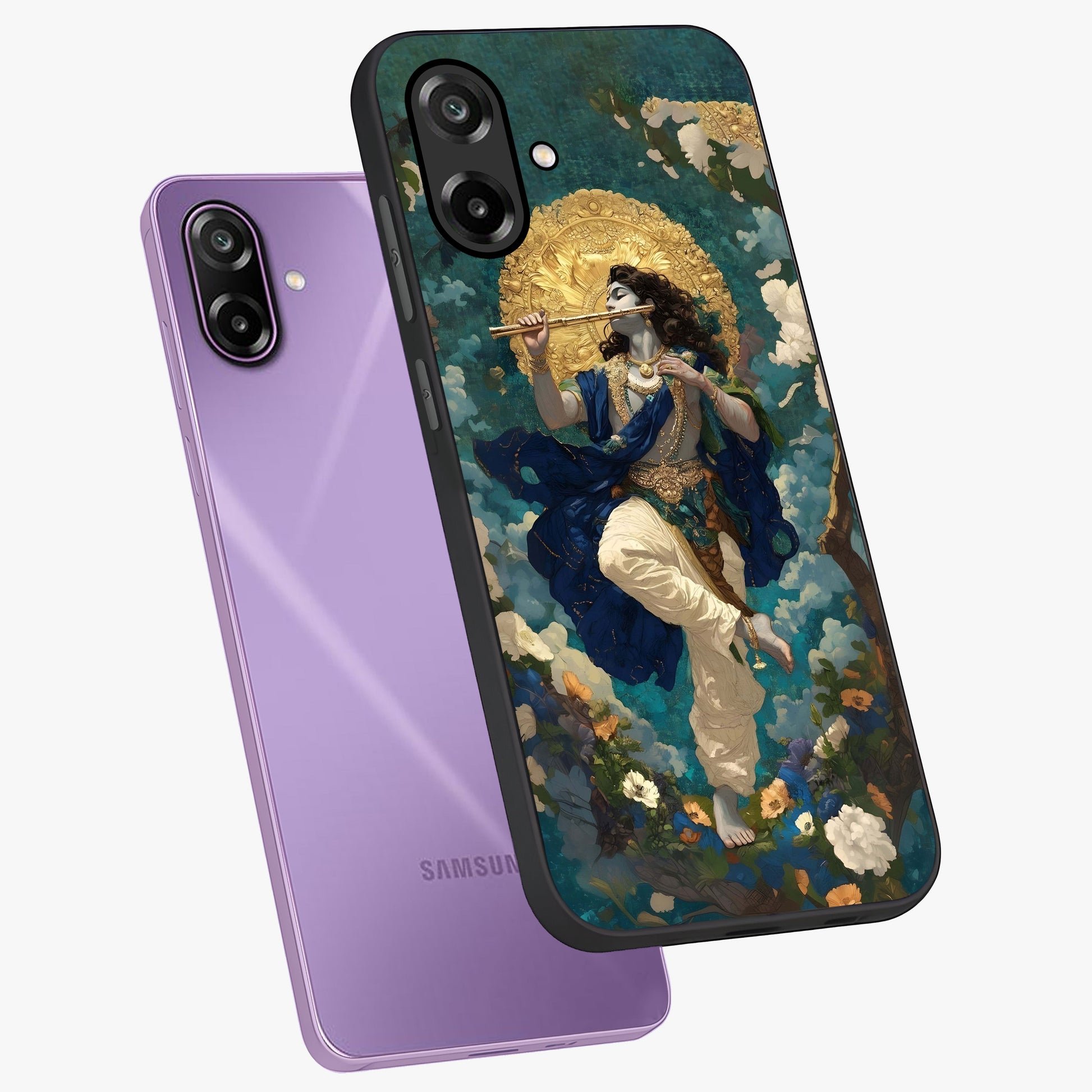 Divine Krishna Art Glass Case displayed in angled mockup highlighting spiritual Krishna illustration with devotional aesthetic.