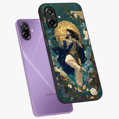 Divine Krishna Art Glass Case displayed in angled mockup highlighting spiritual Krishna illustration with devotional aesthetic.