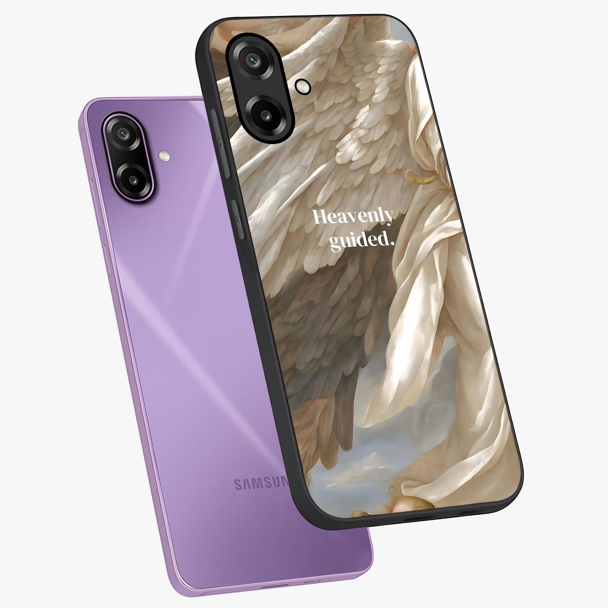 Divine Winged Grace Glass Case displayed in angled mockup highlighting graceful wing design with divine aesthetic style.