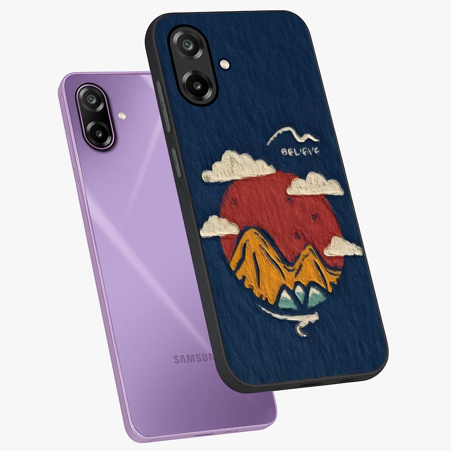 Dream Beyond Mountains Glass Case displayed in angled mockup highlighting dreamy mountain illustration with peaceful aesthetic.