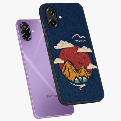 Dream Beyond Mountains Glass Case displayed in angled mockup highlighting dreamy mountain illustration with peaceful aesthetic.