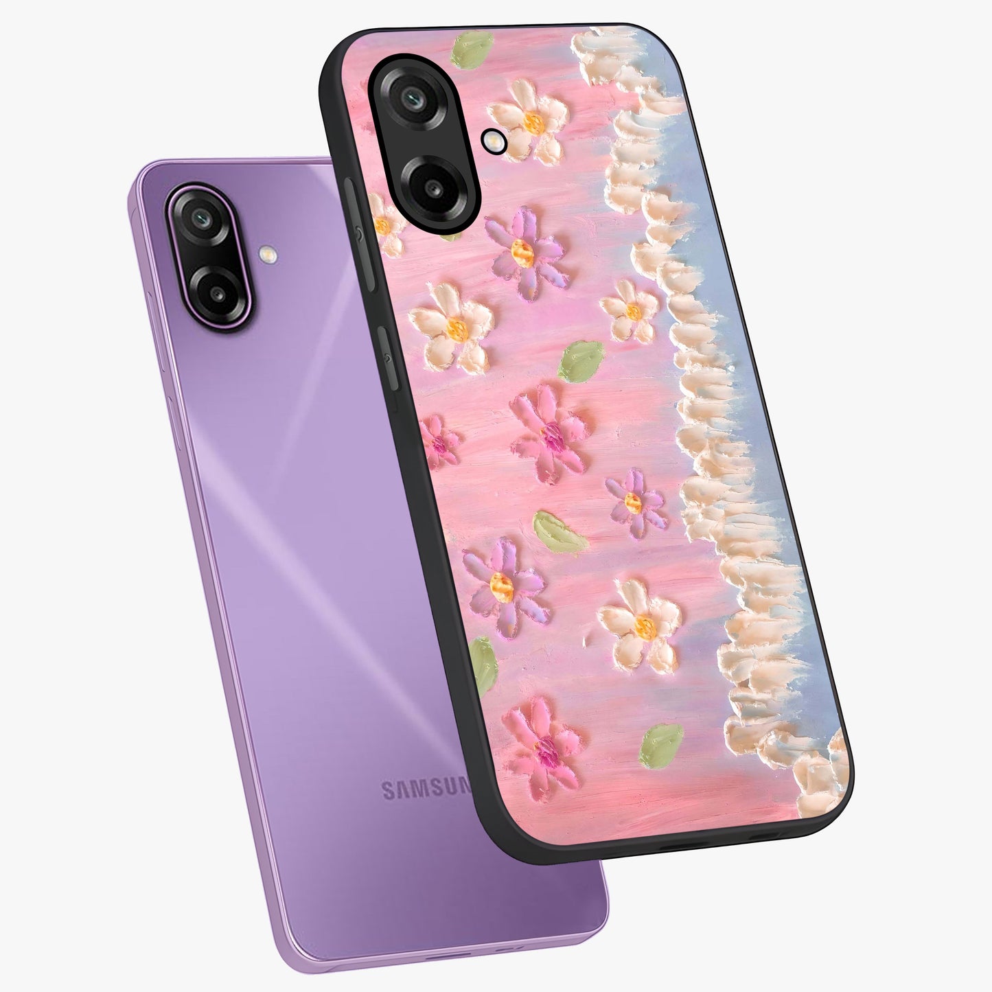Dreamy Painted Garden Glass Case displayed in angled mockup highlighting colorful garden illustration with dreamy aesthetic style.