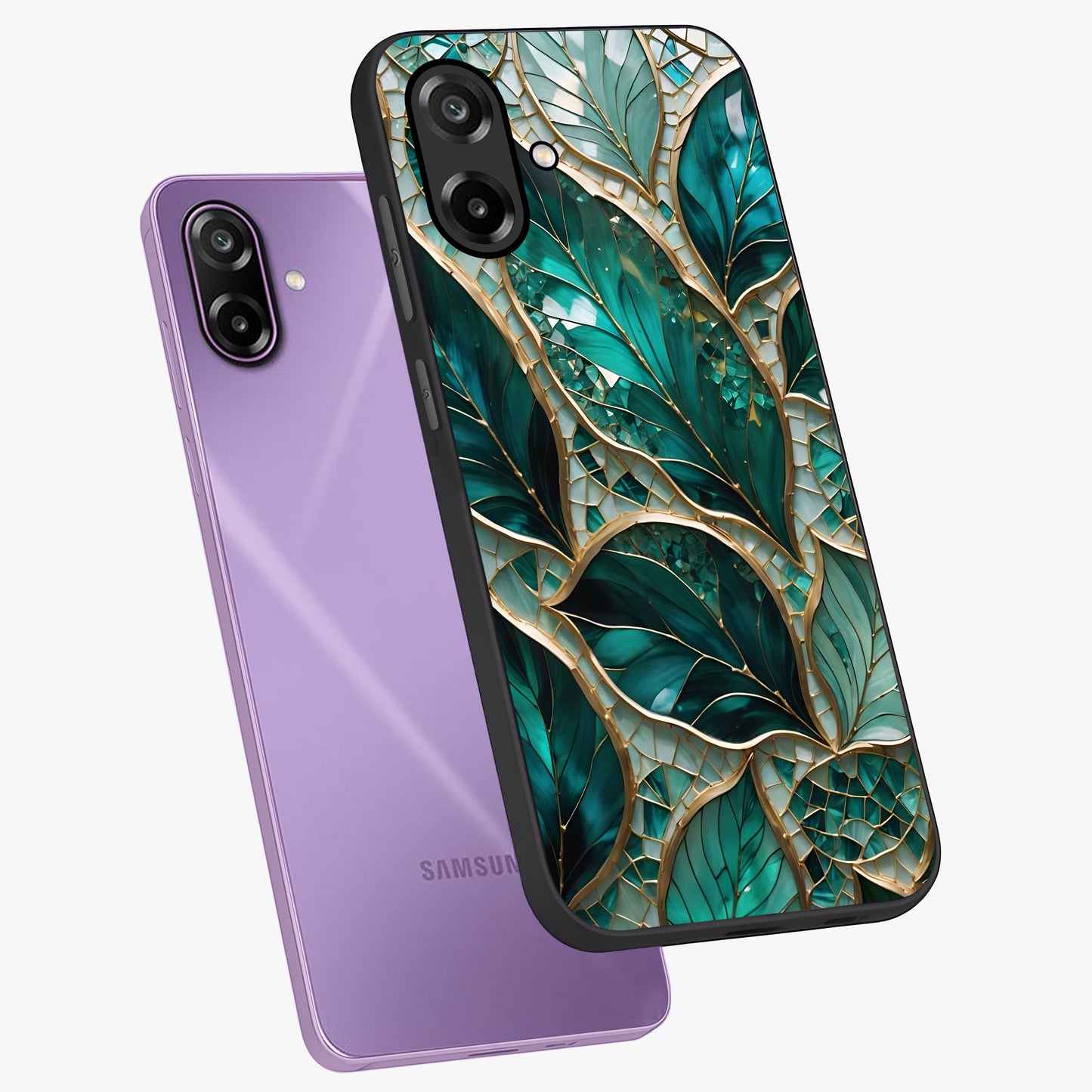 Emerald Leaf Glass Glass Case displayed in angled mockup highlighting botanical leaf illustration with elegant natural aesthetic.