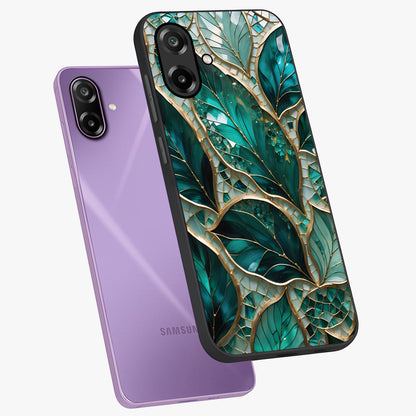 Emerald Leaf Glass Glass Case displayed in angled mockup highlighting botanical leaf illustration with elegant natural aesthetic.