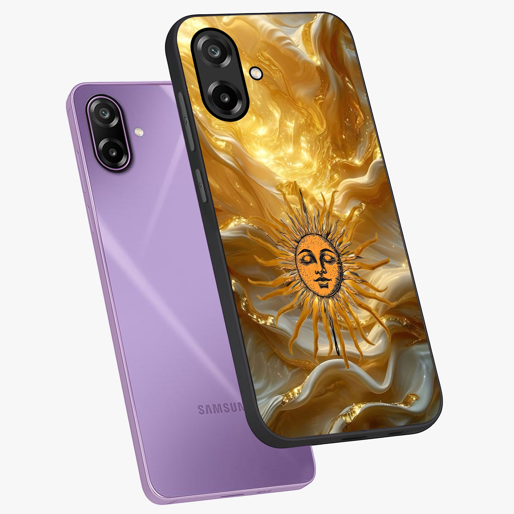 Eternal Golden Glow Glass Case displayed in angled mockup highlighting glowing golden aesthetic design with elegant style.