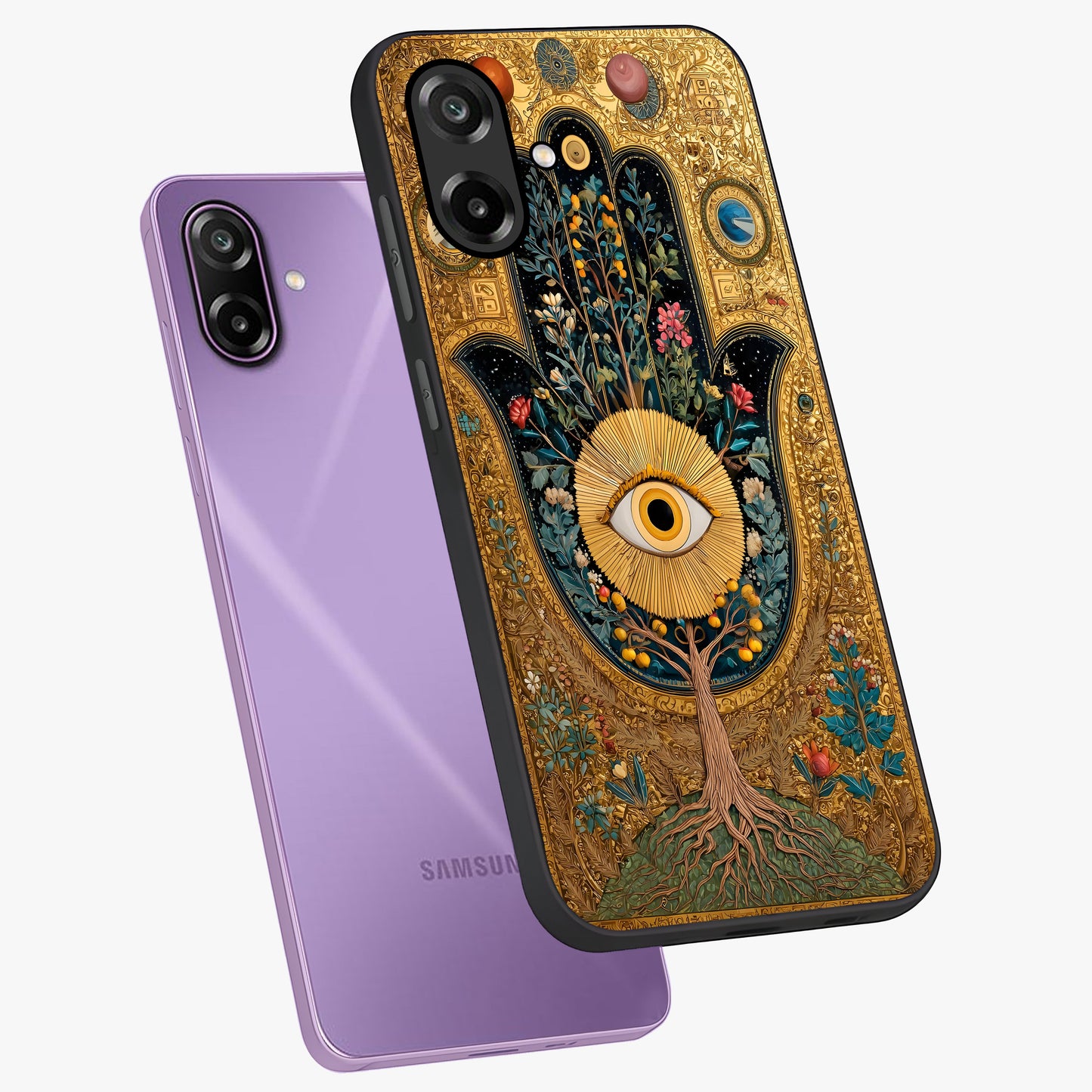 Ethereal Evil Eye Glass Case displayed in angled mockup highlighting protective evil eye symbol with spiritual aesthetic design.
