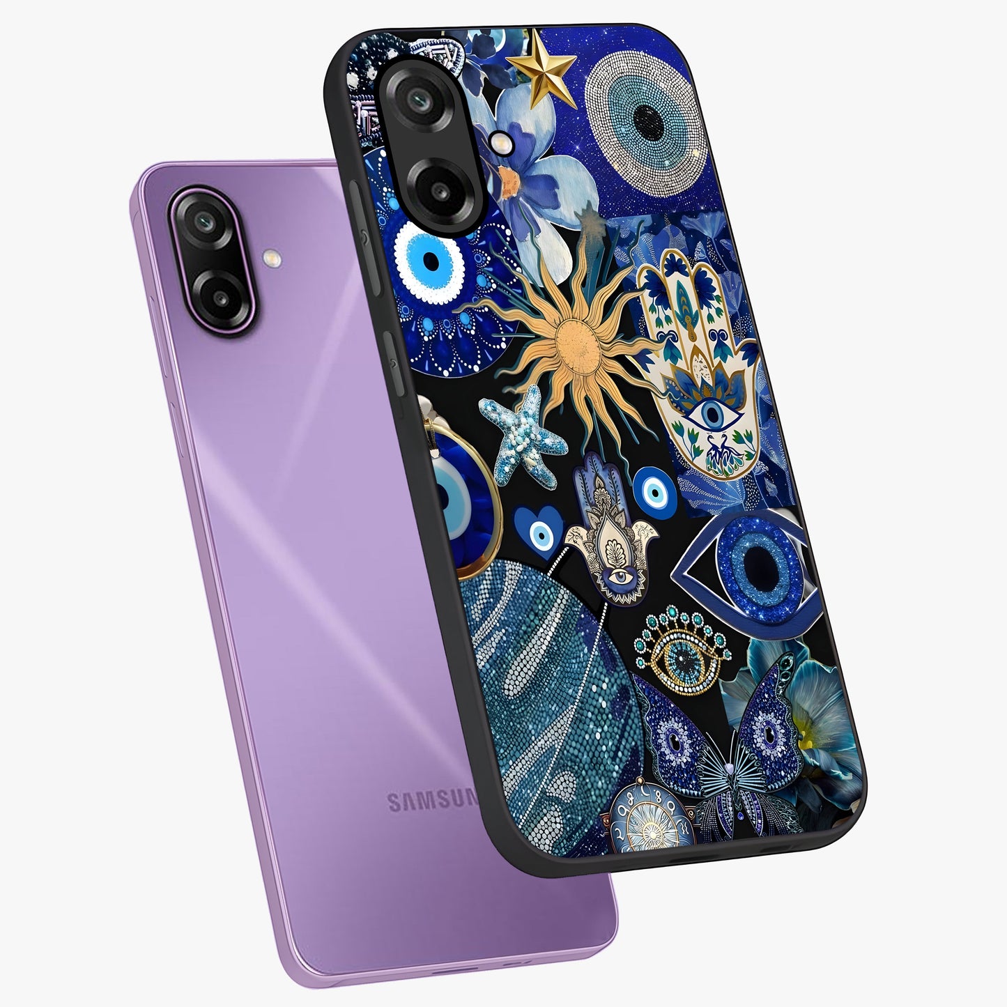 Evil Eye Charm Mix Glass Case displayed in angled mockup highlighting protective evil eye symbols with spiritual aesthetic design.
