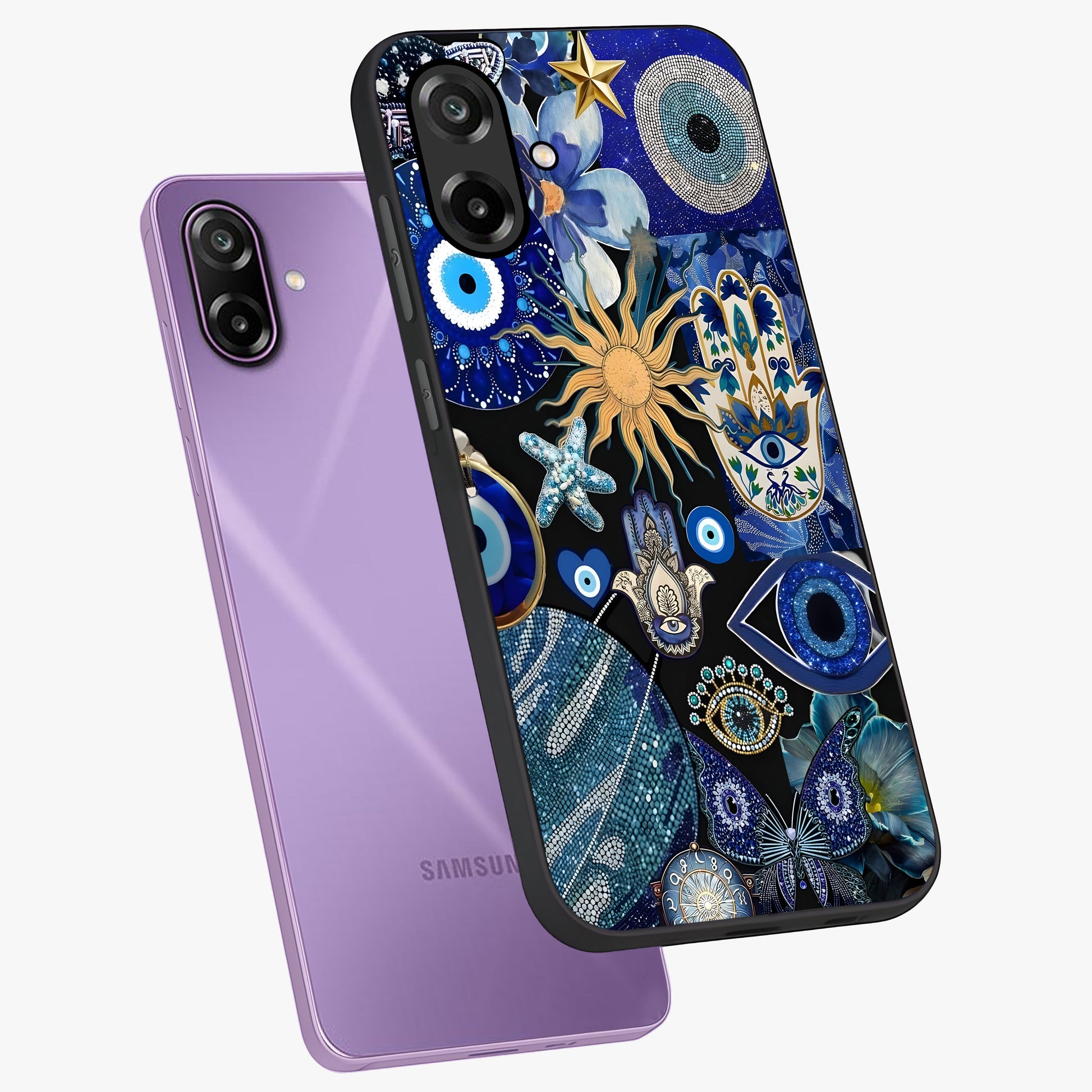 Evil Eye Charm Mix Glass Case displayed in angled mockup highlighting protective evil eye symbols with spiritual aesthetic design.