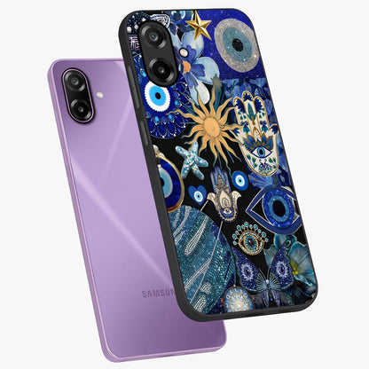 Evil Eye Charm Mix Glass Case displayed in angled mockup highlighting protective evil eye symbols with spiritual aesthetic design.