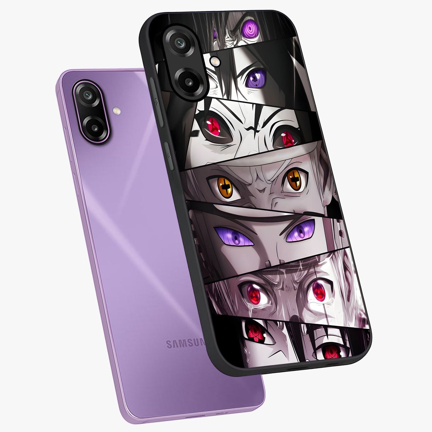 Eyes of Destiny Glass Case displayed in angled mockup highlighting bold eye illustration with mystical aesthetic style.