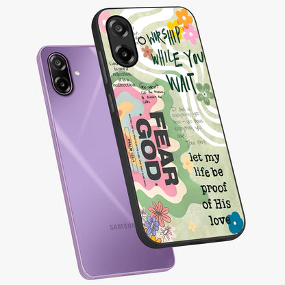 Faith Over Fear Glass Case displayed in angled mockup highlighting inspirational message design with modern aesthetic style.