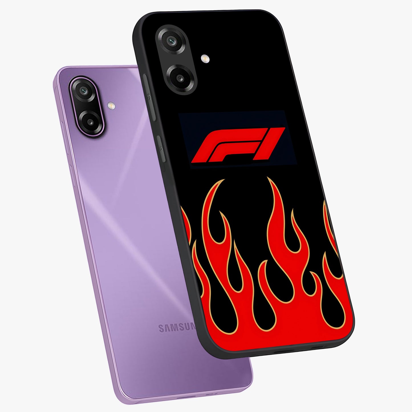 Fire F11 Glass Case displayed in angled mockup highlighting bold fire inspired graphic with energetic aesthetic style.
