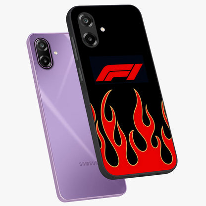 Fire F11 Glass Case displayed in angled mockup highlighting bold fire inspired graphic with energetic aesthetic style.