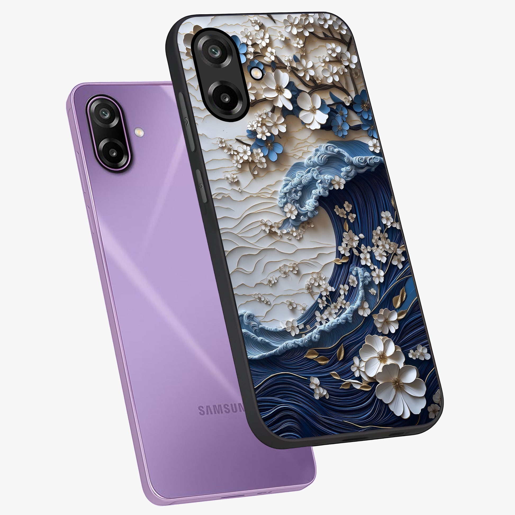 Floral Wave Origami Glass Case displayed in angled mockup highlighting geometric origami flower design with modern aesthetic style.