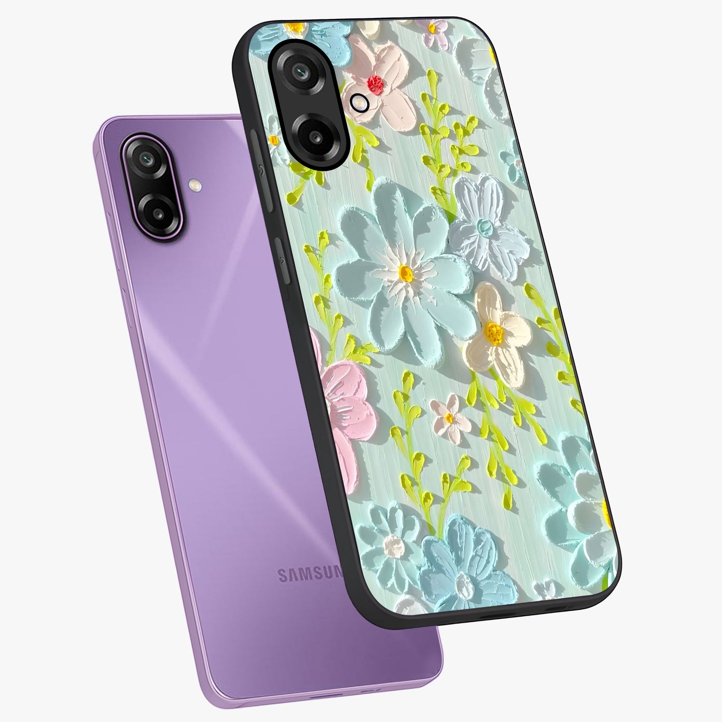 Frosted Petal Garden Glass Case displayed in angled mockup highlighting delicate flower petal design with calm garden aesthetic.