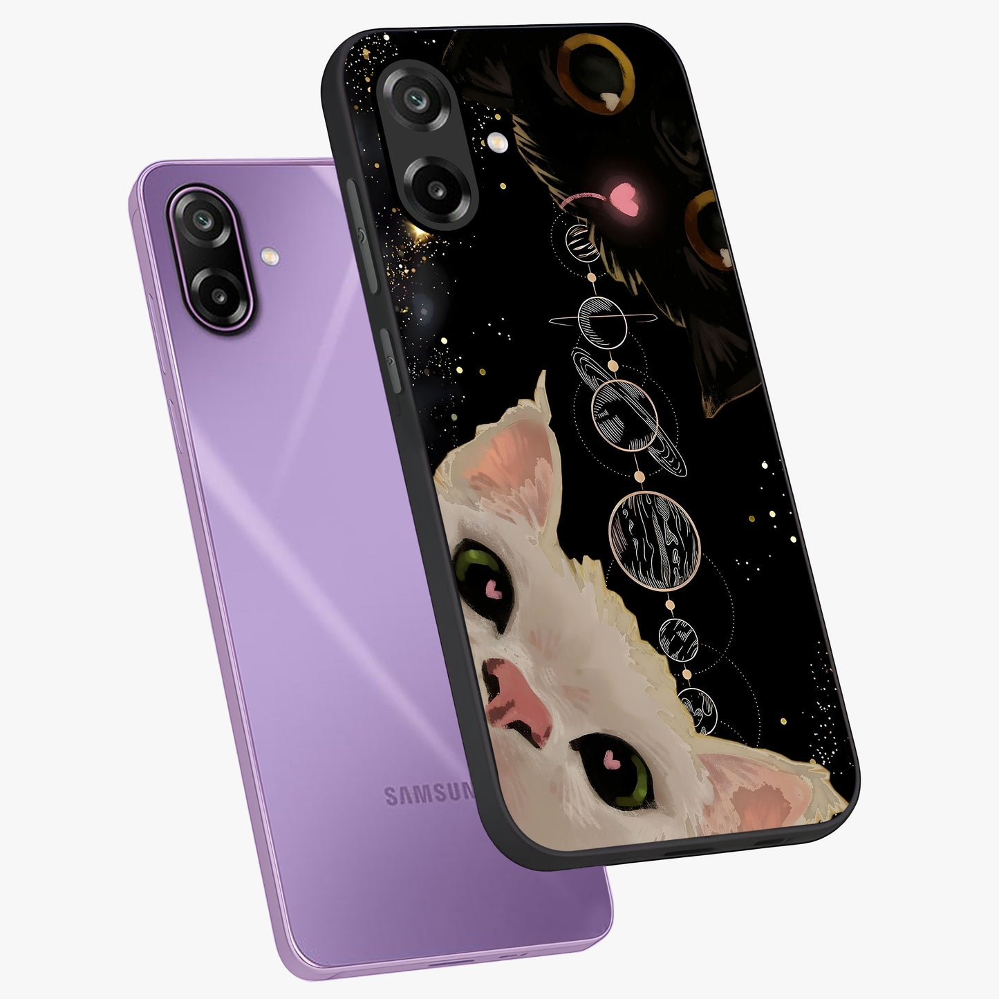 Galactic Cat Glass Case displayed in angled mockup highlighting celestial feline illustration with galaxy aesthetic style.