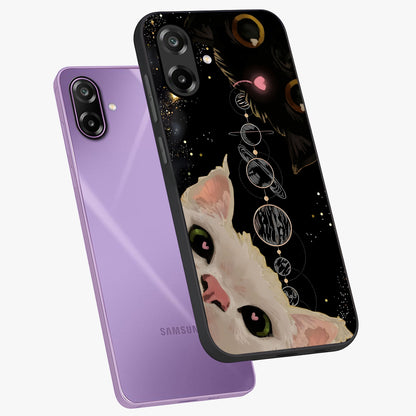 Galactic Cat Glass Case displayed in angled mockup highlighting celestial feline illustration with galaxy aesthetic style.