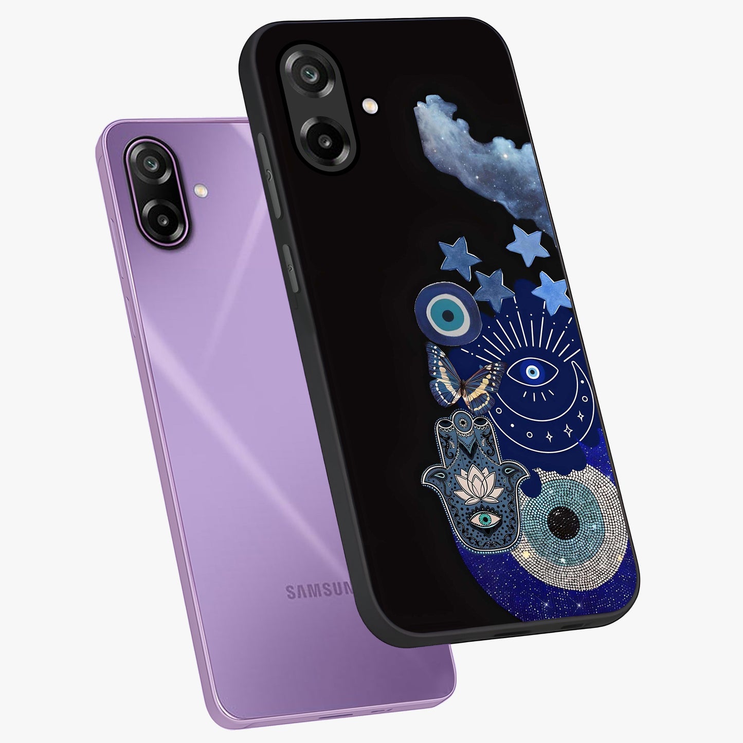 Galactic Charm Cluster Glass Case displayed in angled mockup highlighting luminous galaxy inspired design with dreamy aesthetic.
