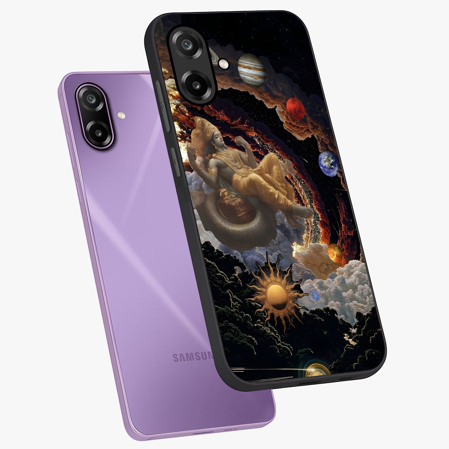 Galactic Divine God Glass Case displayed in angled mockup highlighting powerful celestial deity illustration with galactic aesthetic.
