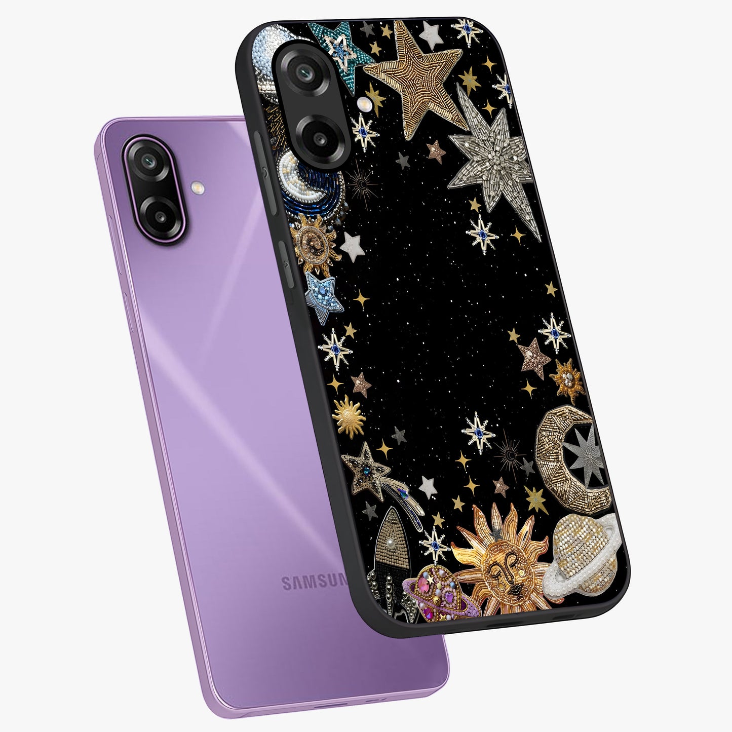 Galactic Jewel Stars Glass Case displayed in angled mockup highlighting shining celestial star design with cosmic aesthetic style.