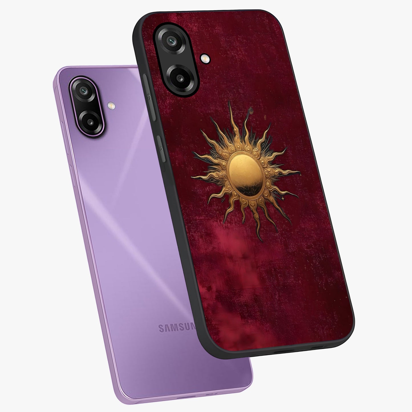 Golden Sun Minimalism Glass Case displayed in angled mockup highlighting clean sun symbol design with modern minimal aesthetic.