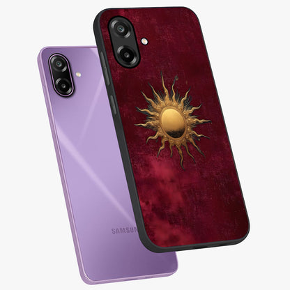 Golden Sun Minimalism Glass Case displayed in angled mockup highlighting clean sun symbol design with modern minimal aesthetic.