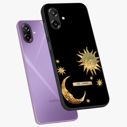 Gold Sun Blush Glass Case displayed in angled mockup highlighting radiant sun design with warm golden aesthetic.